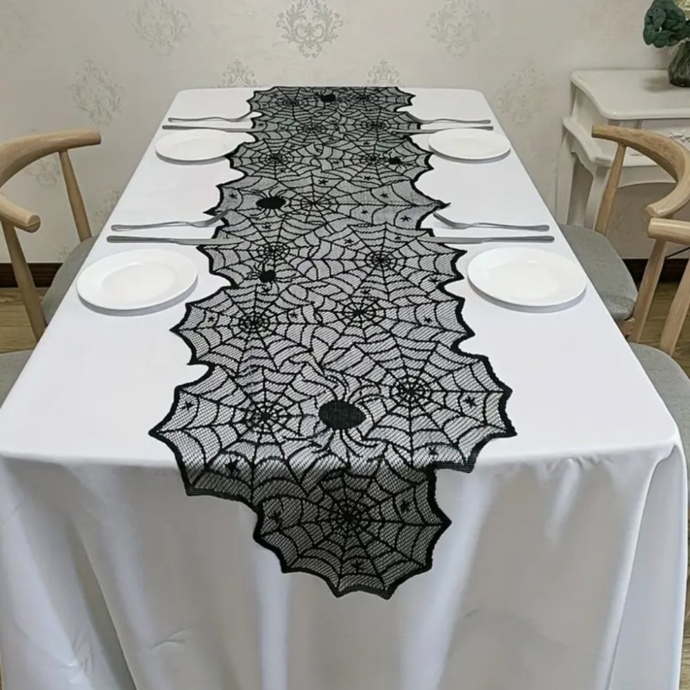 NWT BLACK LACE SPIDERWEB TABLE RUNNER/SPOOKY TABLE RUNNER/HALLOWEEN TABLE RUNNER - Picture 2 of 4